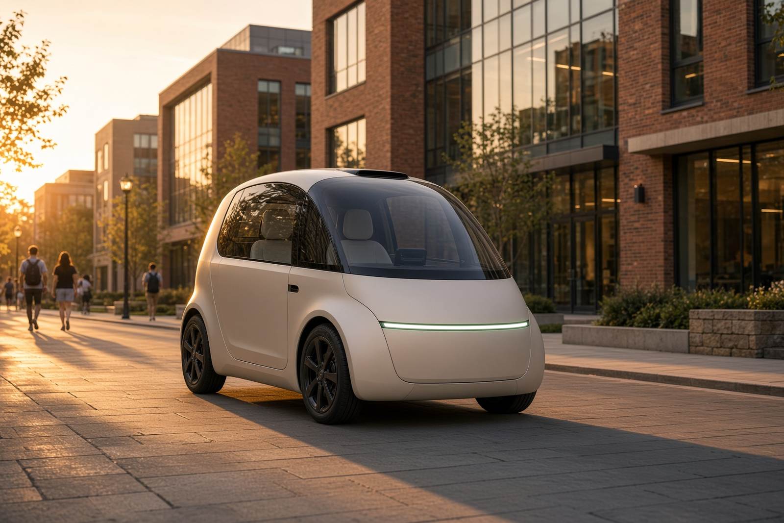 Autonomous pod driving along a golden-hour campus path