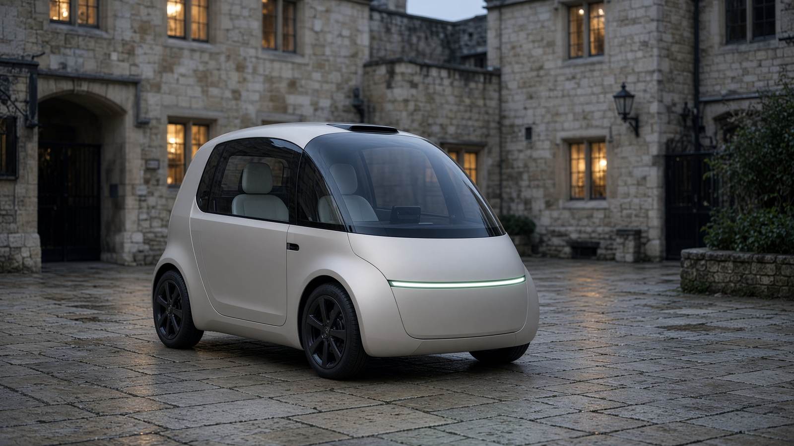 Off-white autonomous micro pod parked in a wet London courtyard at dusk