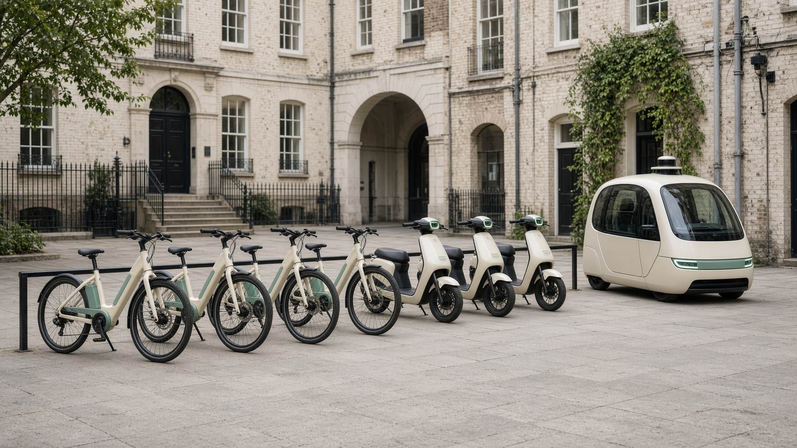 E-bikes, scooters, and a pod waiting together in a London courtyard