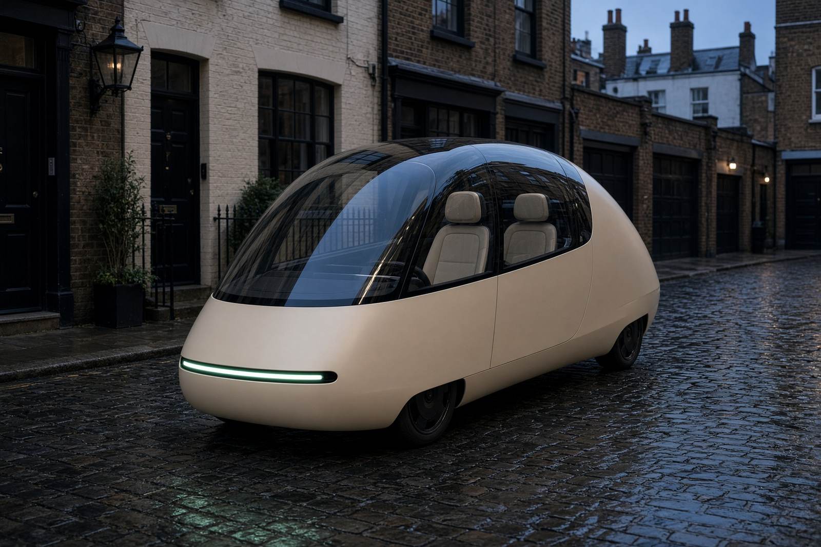 A narrow cream pod with two seats one behind the other on a London mews