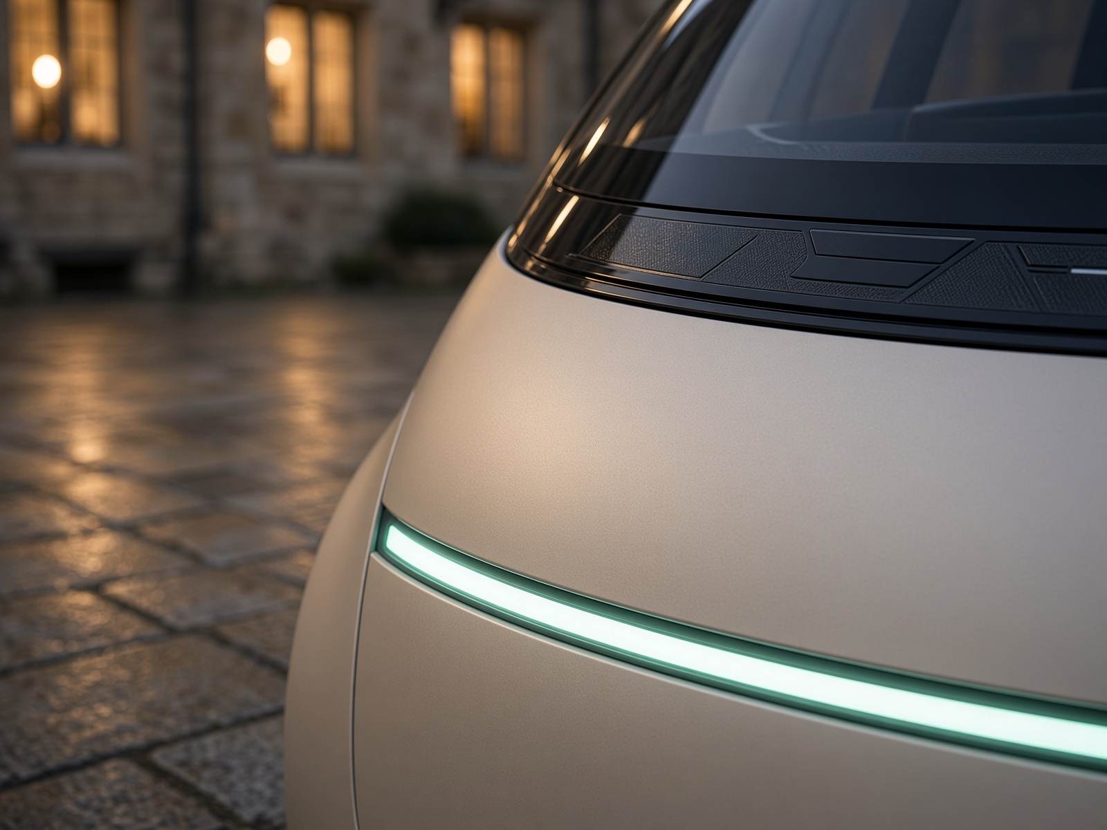 Close view of the pod's seafoam light bar and roof sensor rail