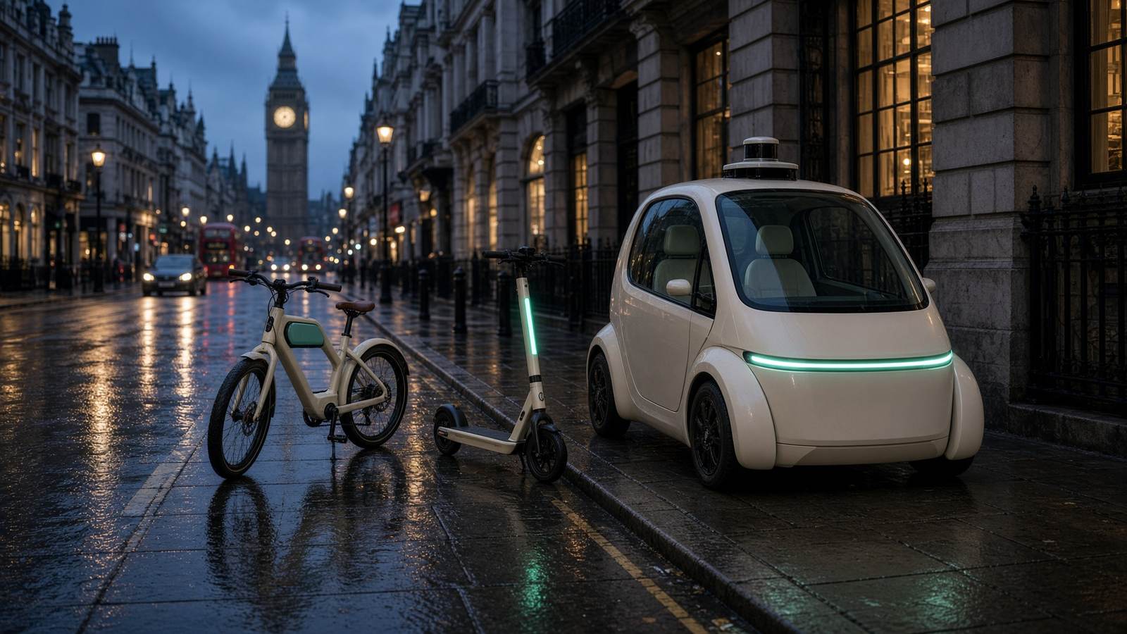 A cream autonomous pod, e-bike, and electric scooter together on a wet London street at dusk