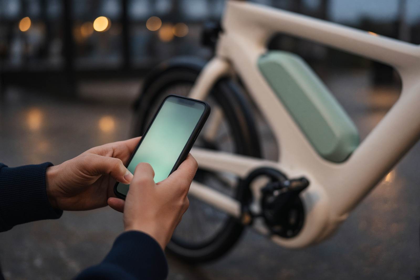 Hands holding a phone beside a cream e-bike, ready to unlock